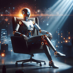 AI robot sitting in CEO chair. Concept of AI technology domination in business in future.