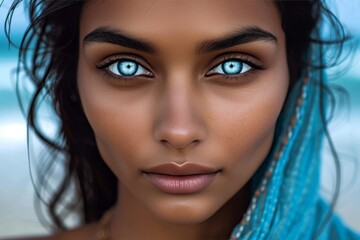 Fototapeta premium A captivating portrait of a woman with piercing blue eyes, accentuated by bold eyeliner and fluttering eyelashes, radiating confidence and beauty in a close-up shot