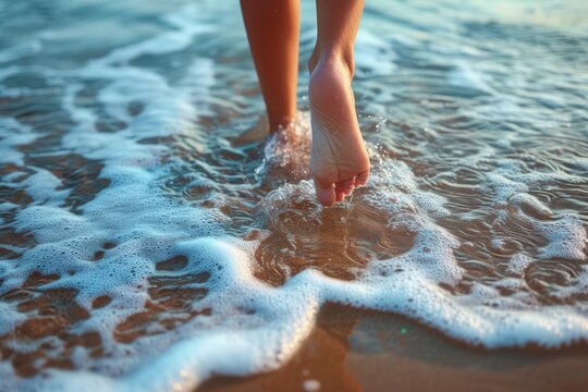 A woman's bare feet gracefully wade through the crystal clear ocean water, leaving imprints in the soft sand beneath as she enjoys a peaceful summer day at the beach