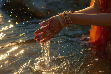 close up of Indian woman playing water bokeh style background