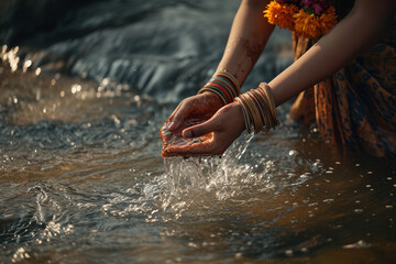 close up of Indian woman playing water bokeh style background