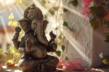 a statue of ganesha bokeh style background