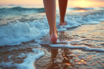 A lone figure strolls barefoot along the water's edge, their feet sinking into the damp sand as the gentle waves of the ocean caress the shore