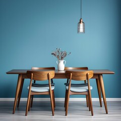 Mid-century style interior design of modern dining room with a wooden table and chairs against blue wall	