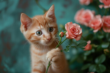 Plakat kitten is holding a red rose