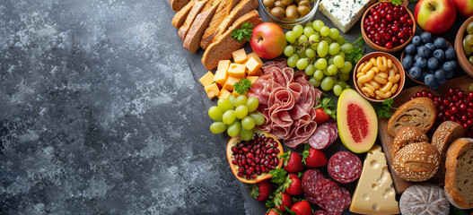 Flat lay with a continental breakfast - an assortment of fruits, berries, cheeses and bread on a...