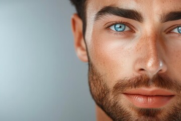 Fototapeta premium A rugged man's intense gaze reveals the intricate details of his human face, from the strong jawline and bushy moustache to the subtle wrinkles on his forehead and the piercing eyes that hold a world