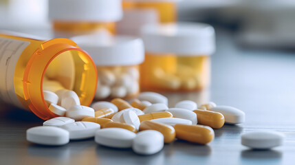 Spilled Prescription Pills from Orange Bottle on Table