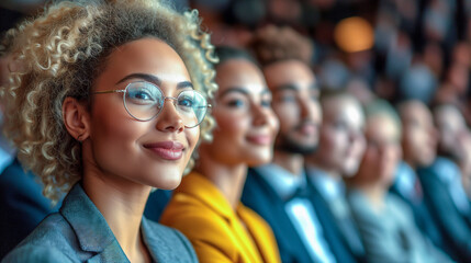 Multiracial curly hair woman in glasses smiling while sitting in conference room and listening speakers. 