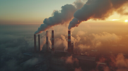 Power plant with smoking chimneys. Factories release CO2 into the atmosphere - obrazy, fototapety, plakaty