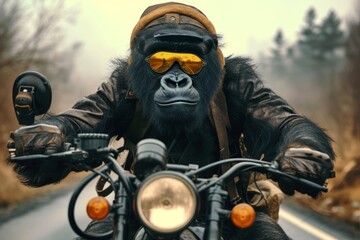 A cool and confident gorilla cruises down the open road on his motorcycle, sporting sunglasses and a stylish hat, with the wind in his fur and the roar of the engine beneath him - obrazy, fototapety, plakaty