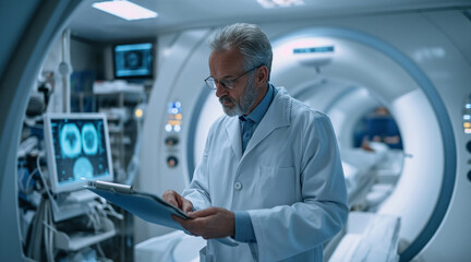 A doctor works in a hospital of the future with high-tech medical equipment, A Doctor Reviewing the Results of a PET Scan