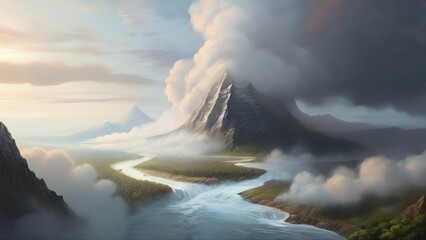 A river coming out of a mountain inside a cloud