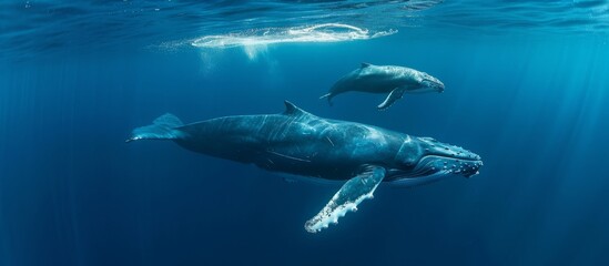 A stunning humpback whale mother and child swim together in the deep ocean. - obrazy, fototapety, plakaty