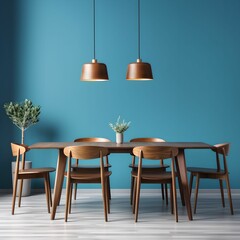 Mid-century style interior design of modern dining room with a wooden table and chairs against blue wall	