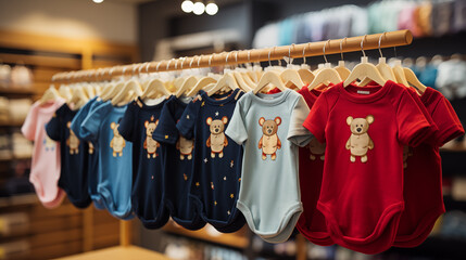 baby bodysuits on hangers in a store