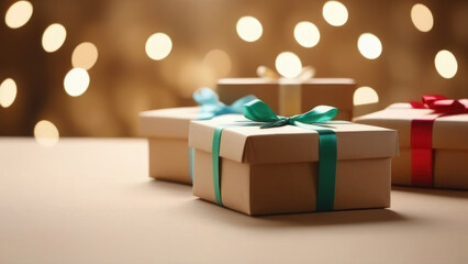 Beautiful gift boxes standing on the floor on a beige background.