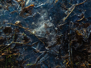 Textures of a frozen puddle, cracked ice on the ground. Beautiful frozen texture. Macro image for background.