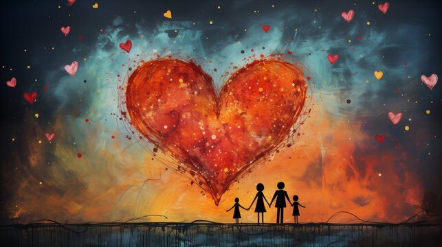 child's drawing with family and heart, parenthood concept