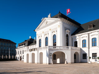 Fototapeta na wymiar Grasalkovic Palace or Presidential Palace is a Rococo building on Hodžovo town square in Bratislava. Since 1996, the President of the Slovak Republic resides in it.