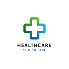 Healthcare logo with gradient cross green and blue color perfect for the healthcare industry. Hospital logo. World Health Day icon. Cross symbol, healthy logo, healthcare vector illustration.