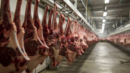 Refrigerated Hangar with Hanging Beef Carcasses in Meat Processing Plant