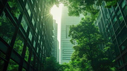 The contemporary urban landscape showcases an environmentally conscious glass office building, complemented by strategically placed trees for carbon dioxide reduction.
