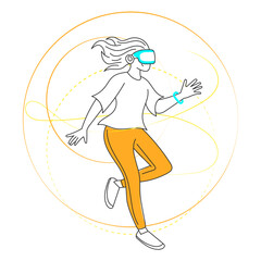 A girl uses VR glasses to explore virtual reality. Concept of modern technologies. Vector illustration for web or ui ux design