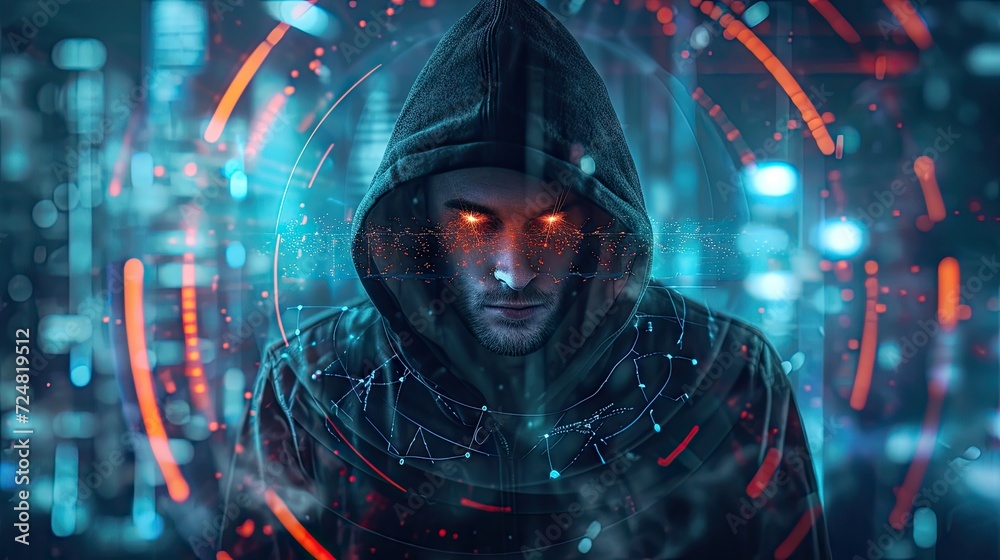 Wall mural Hacker in a dark hoodie. Cybercrime concept - Wall murals