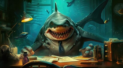 Shark in the office. Fantasy world