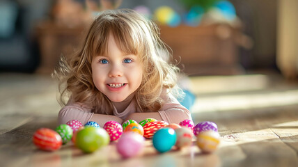 Fototapeta na wymiar A little cute baby girl is playing with colorful Easter eggs in a cozy home environment