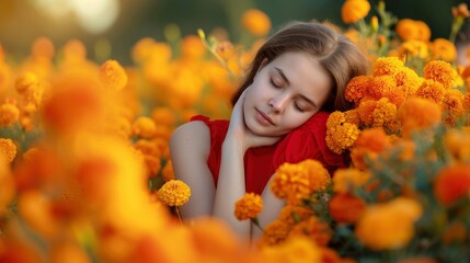 Beautiful Teenage girl embracing in golden marigold flowers, in red dress