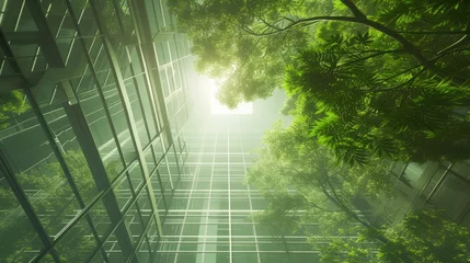 Zelfklevend Fotobehang The contemporary urban landscape showcases an environmentally conscious glass office building, complemented by strategically placed trees for carbon dioxide reduction. © Murda