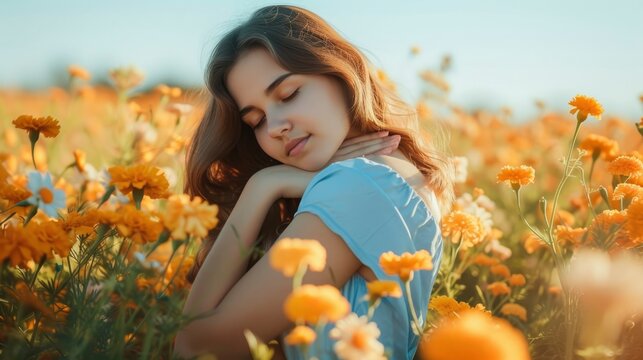 Beautiful Teenage girl embracing in golden marigold flowers, in sky blue dress