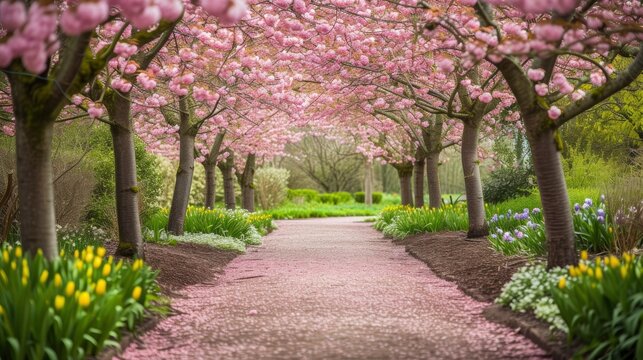 Cherry Blossom Path in a Tranquil Garden,stock photo