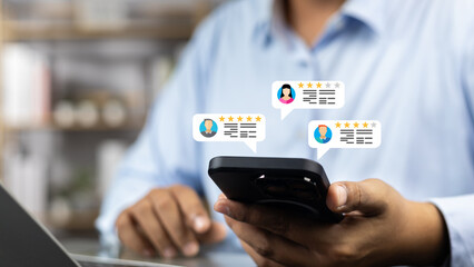 Online customer satisfaction Survey service concept, client rate service from experience in application,Consumer give five-Stars and feedback review for quality, Business reputation ranking from buyer