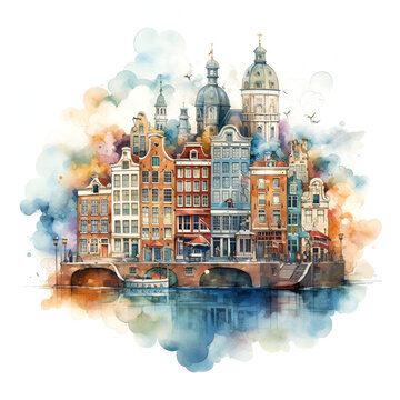 watercolor amsterdam cityscape reflecting in water clip art preview