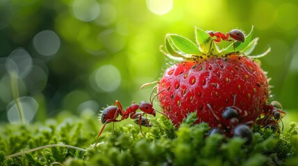 close up of ant's Team eating strawberry, green bokeh background