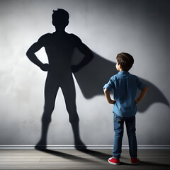 A child stands in front of a wall. The reflection on the wall is the shadow of a superhero. The character who wants to be a model