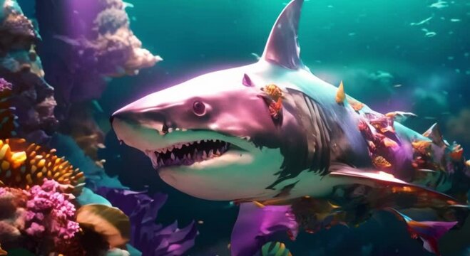 Scary sharks swim underwater looking for prey