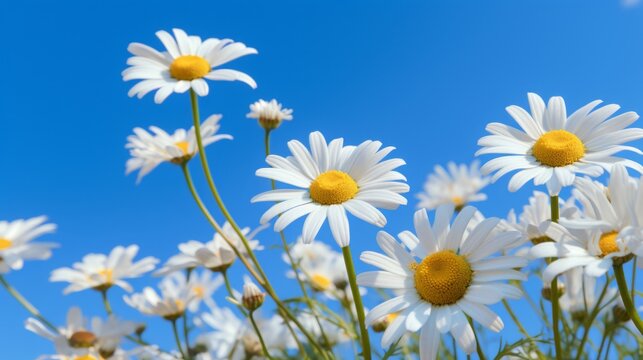 A field of white daisies flourishing under a clear, bright blue sky, embodying freshness and natural beauty.
