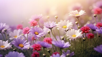 Vibrant field of various colorful flowers basking in the warm glow of the golden hour sunlight.