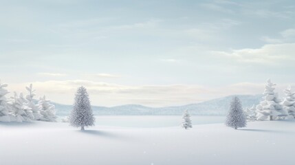 Peaceful snow-covered trees in a serene winter landscape with distant hills under a soft sky.