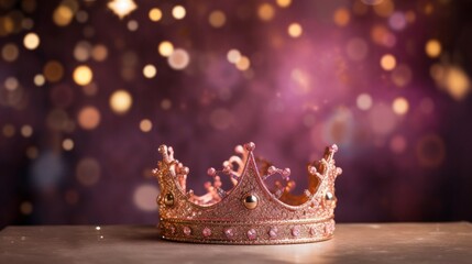 A beautiful pink crown sparkling with jewels on a dark bokeh light background.