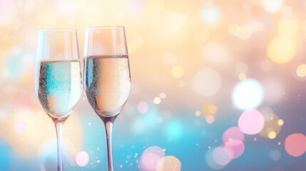 Celebratory champagne flutes against a backdrop of vibrant bokeh lights.