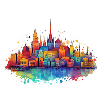 colorful city skyline watercolor style clip art preview