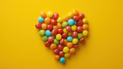 Colorful heart shape of Round multicolored candy dragees on yellow background