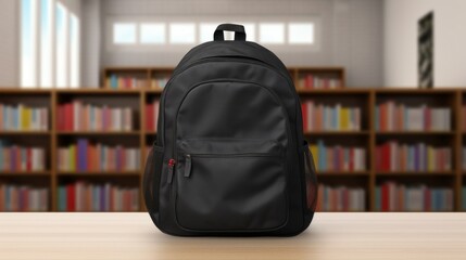 A sleek black backpack positioned on a wooden table against a library bookshelf backdrop.