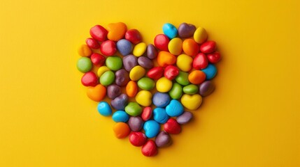 Colorful heart shape of Round multicolored candy dragees on yellow background