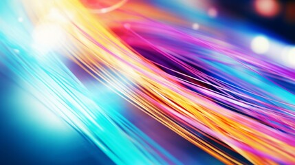 Dynamic close-up of glowing fiber optic cables with a blur of colors representing speed and technology.